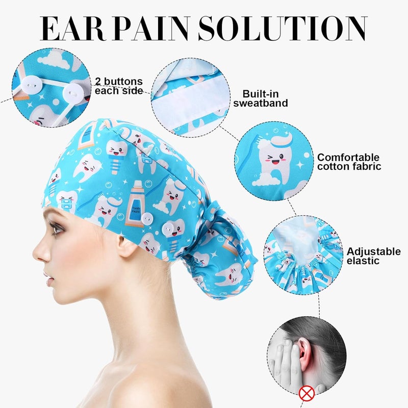 Tisancy 12 Pcs Dental Scrub Cap for Women Nurse Cap with Button Adjustable Dentist Surgical Hat Long Hair Ponytail Pouch Hat - Image 2
